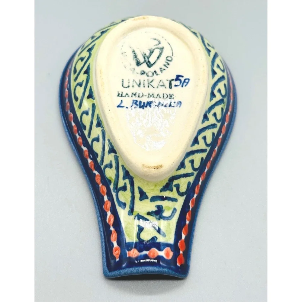 Unikat Polish Pottery Spoon Rest Blue Yellow Floral L Burnicki Boleslawiec